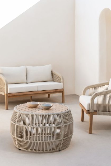 Eleva tu jardín con la Mesa de Centro Redonda (Ø80cm) Nook de Jameos Estudio: estilo único con madera de acacia y detalles de cuerda. ¡Descúbrela ahora!